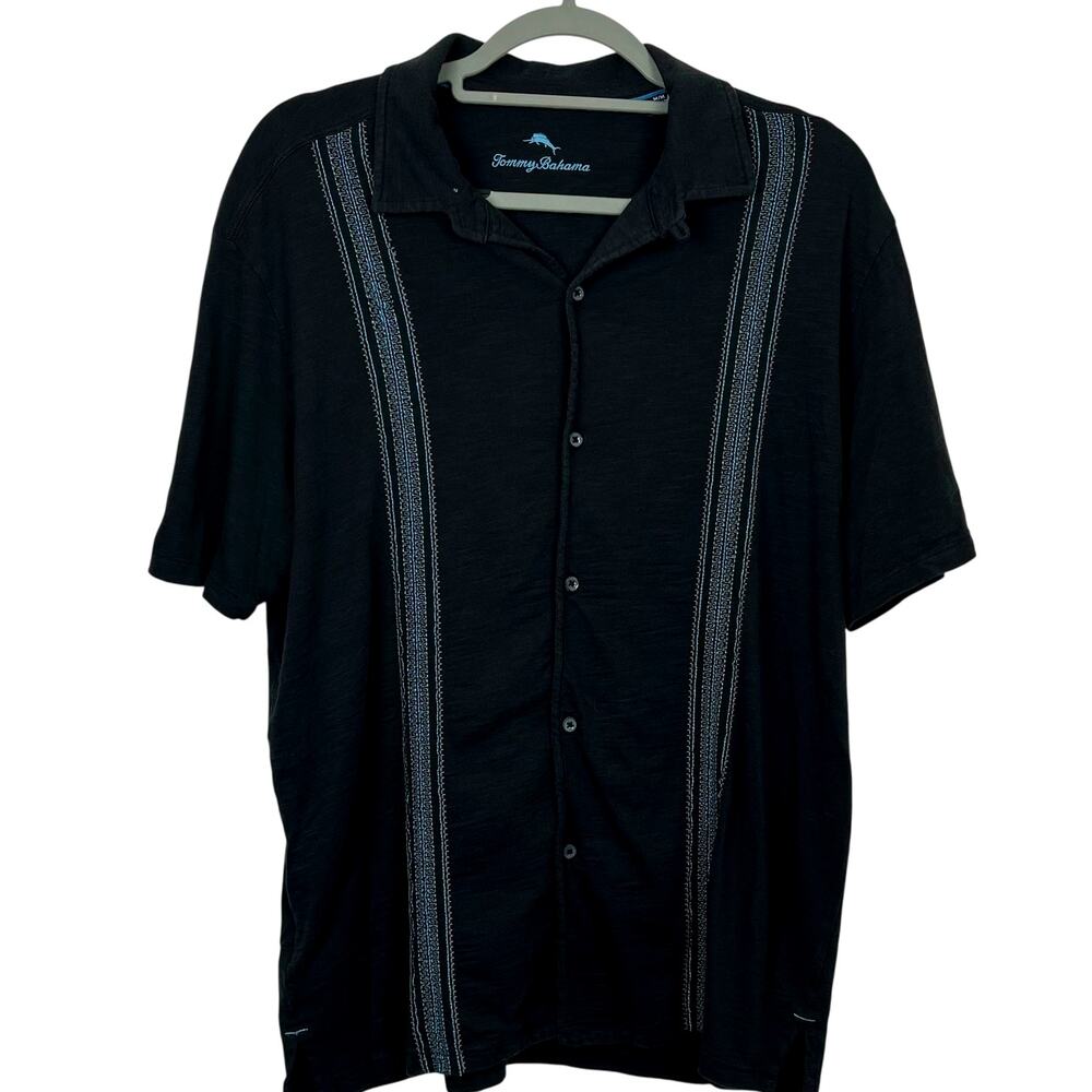 Tommy Bahama Shirt Black with Embroidery Short Sleeve Button Up Mens Size Medium